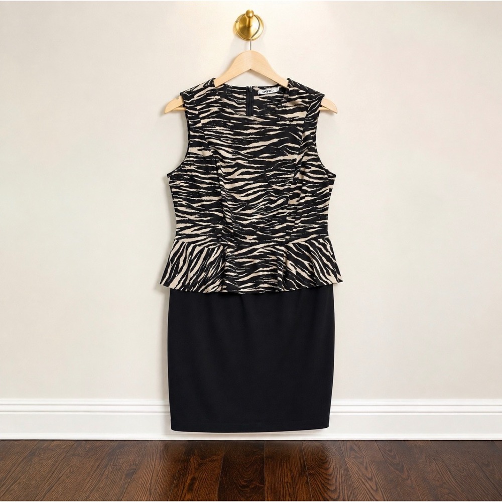 DKNYC Womens Zebra Print Peplum Mixed Media Sleeveless Sheath Dress Black White